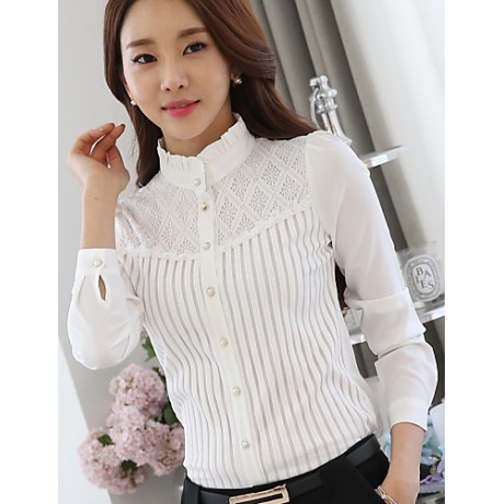 Women's Stand Collar Lace Patchwork Stripe Puff Sleeve Wild Slim Shirt