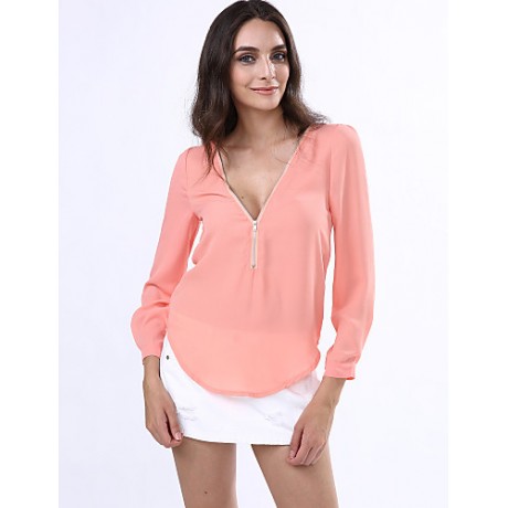 Women‘s V Neck Long Sleeve Zipper Blouse(More Colors)