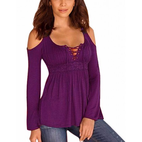 Women's Plus Size / Casual/Daily Simple Fall T-shirtSolid U Neck Long SleevePurple Polyester Medium