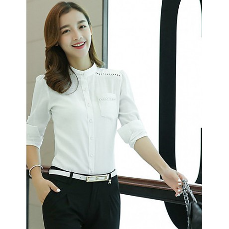 Women's Korean Stand Collar Crochet Cut Out Flax Solid OL Long Sleeve Shirt