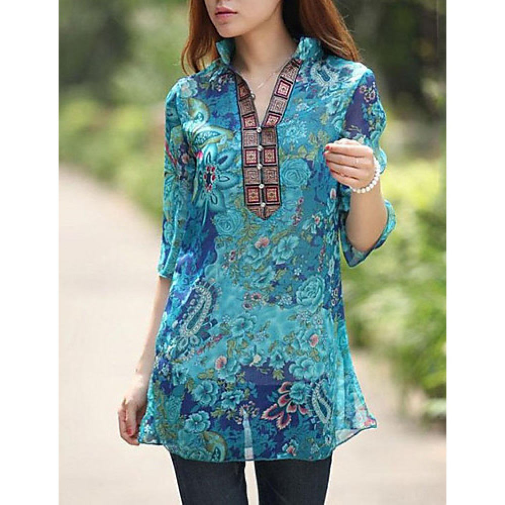 Women's Casual/Daily Boho Summer Blouse,Floral Stand ? Sleeve Blue Polyester Thin