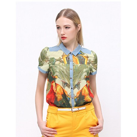 Women's Going out Vintage Summer ShirtPrint Shirt Collar Short Sleeve Blue / Green Cotton / Polyester Opaque