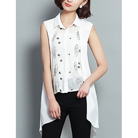 Women's Print White Shirt,Shirt Collar Sleeveless