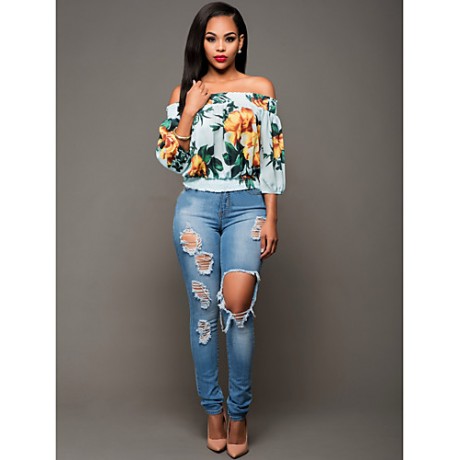 Women's Sexy Simple Boat Neck Off Shoulder Floral Print Summer Blouse