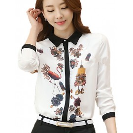 Women's Wild Commuter Contrast Color Stitching Print Long Sleeve Chiffon Shirt