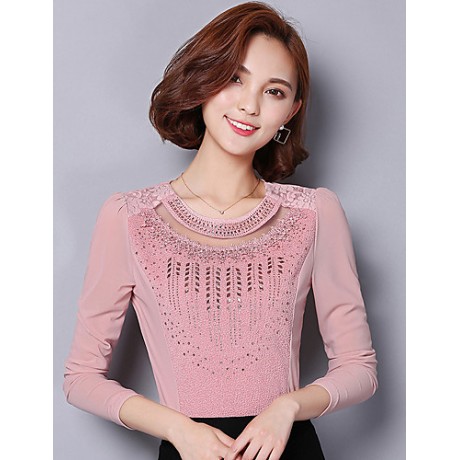 Spring Fall Women's Going out Fashion Wild Solid Color Patchwork Round Neck Long Sleeve Shirt