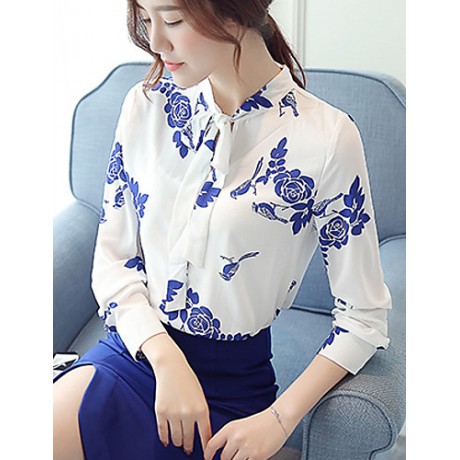 Women's New Fashion Bowknot Chiffon Long Sleeve Blouses Shirt