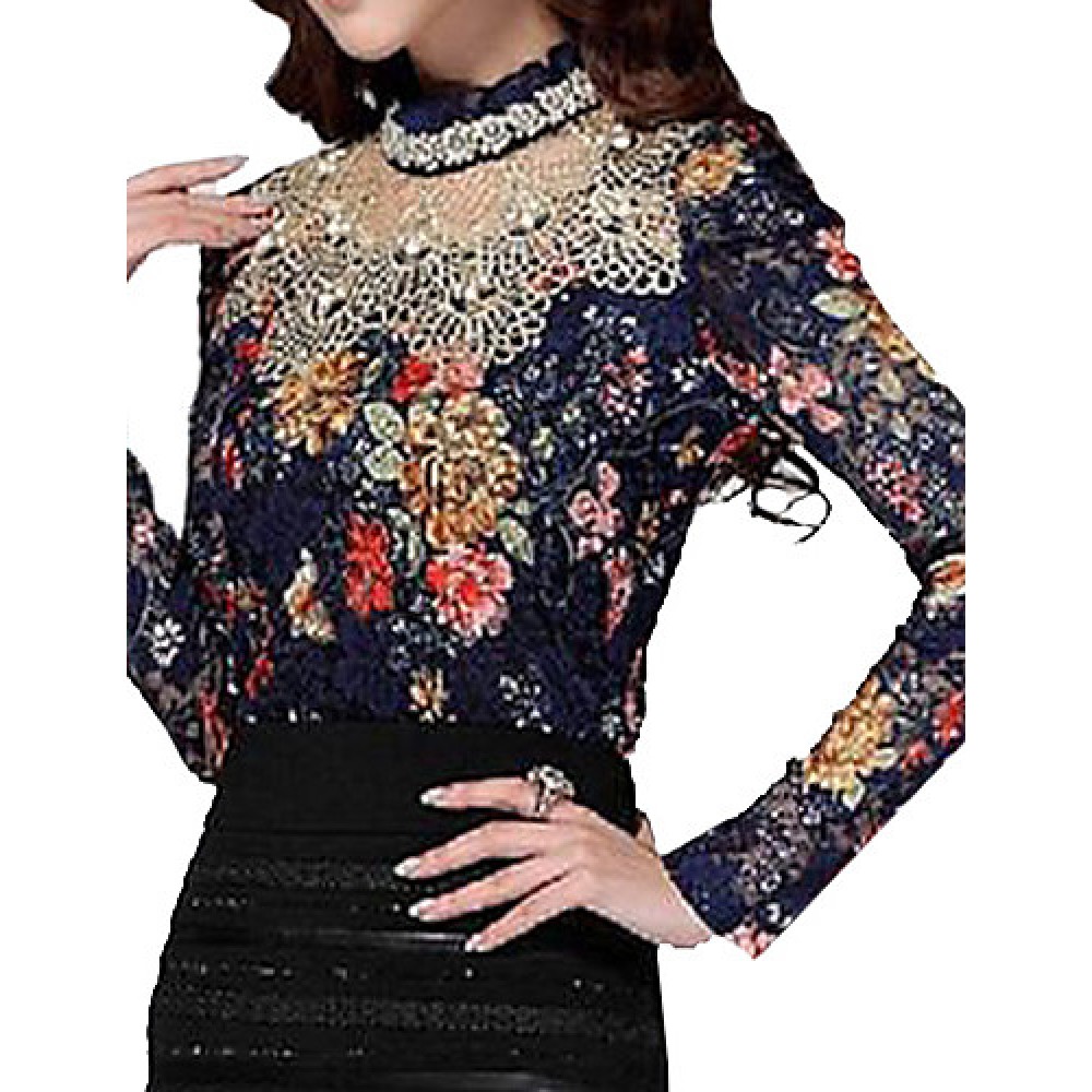 Women's Stand Lace/Mesh T-shirt , Chiffon Long Sleeve