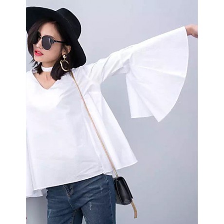 Women's Flare Sleeve Solid White / Black Loose Thin Blouse,Plus Size V Neck Long Sleeve