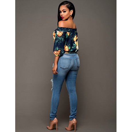 Women's Sexy Simple Boat Neck Off Shoulder Floral Print Summer Blouse