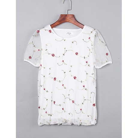 Women's Print White / Black Blouse,Round Neck Short Sleeve