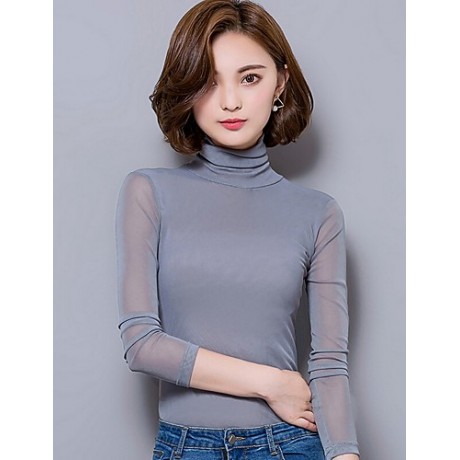 Daily Sexy Fall Blouse,Solid Turtleneck Long Sleeve Blue / Pink / Red / White / Black / Gray Polyester Thin