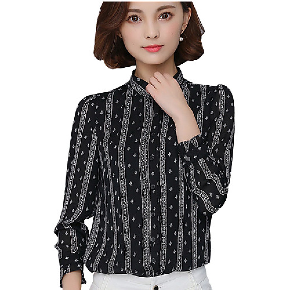 Spring Fall Going out Casual Women's Tops Fashion Striped Print Shirt Collar Long Sleeve Slim Chiffon Blouse