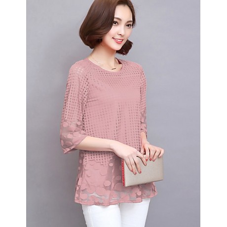 Women's Casual/Daily Simple / Boho Summer Blouse,Solid Round Neck Long Sleeve Pink / Red / White / Black / Gray Rayon / Polyester Sheer