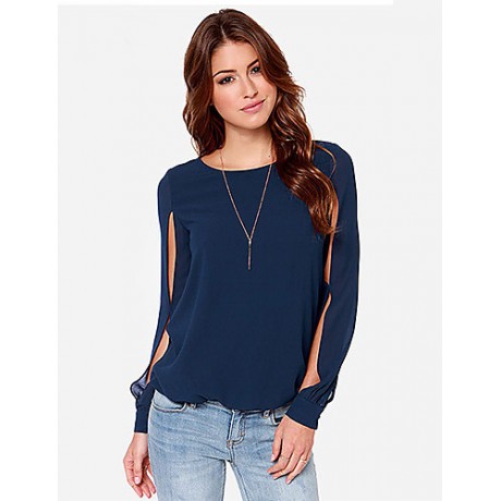 Sexy All Seasons Blouse,Solid Round Neck Long Sleeve Blue / Pink Polyester Thin