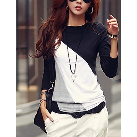 Women's Casual Round Collar Long Sleeve Spliced Color Block T-shirt