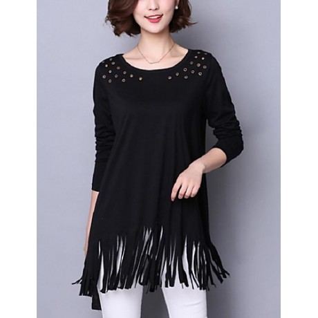 Women's Casual/Daily / Plus Size Street chic Fall T-shirt,Solid Round Neck Long Sleeve Black Cotton Medium