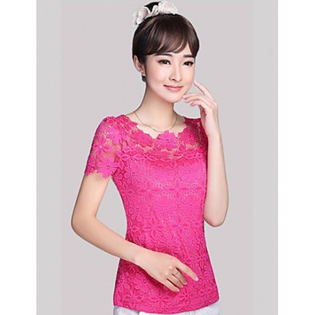 Summer Plus Size Women Solid Color Round Neck Short Sleeve Lace Blouse Slim Was Thin T-shirt Tops