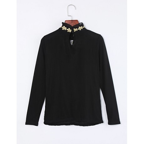 Women's Casual/Daily / Plus Size Simple Spring / Fall / Winter Blouse,Solid Stand Long Sleeve Red / Black Polyester Medium