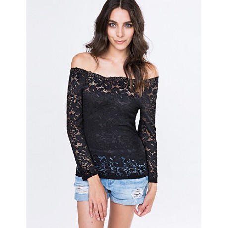 Women's Vogue Lace Bateau Long Sleeve Hollow Out Lace T-shirt