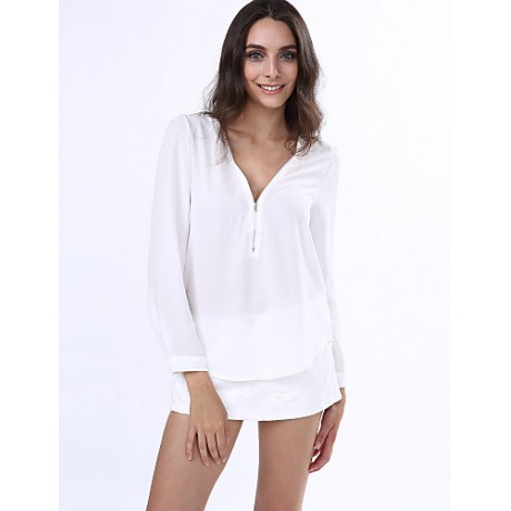 Women‘s V Neck Long Sleeve Zipper Blouse(More Colors)