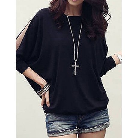 Women's Batwing Round Neck Sheer Mesh Cape Sleeve Loose T-Shirt