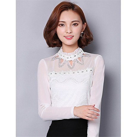 Spring Fall Women's Going out Fashion Wild Casual Solid Color Patchwork Stand Long Sleeve Blouse