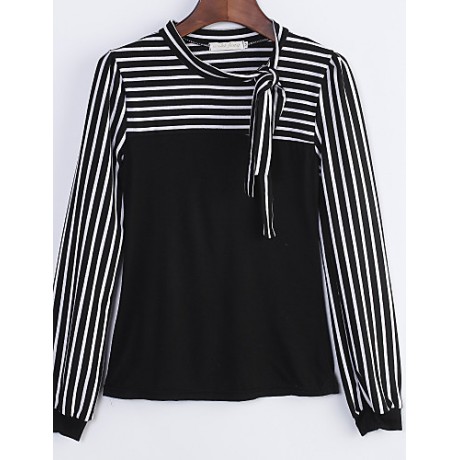 Women's Bow Neck Stripes Print Long Sleeves T-shirt