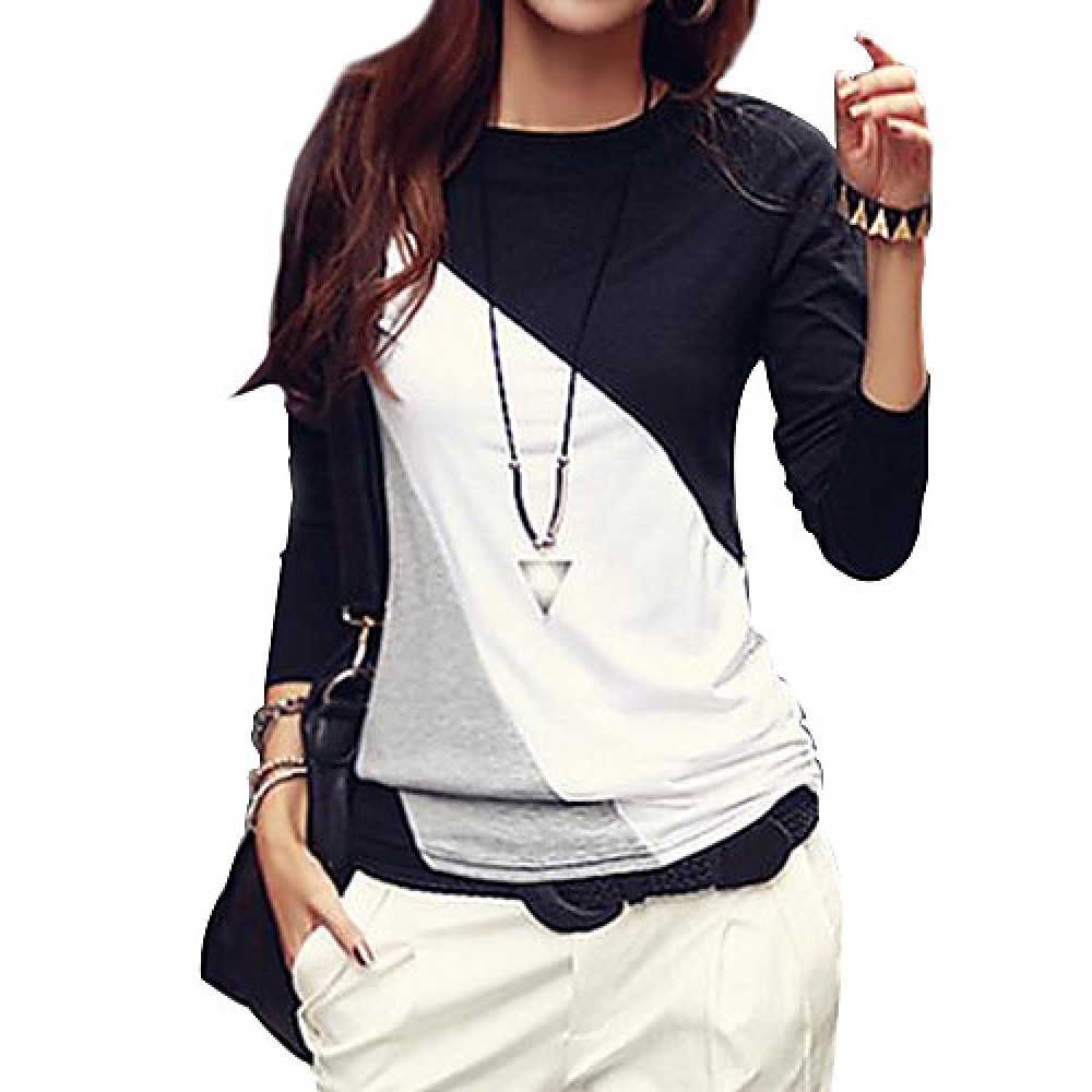 Women's Casual Round Collar Long Sleeve Spliced Color Block T-shirt