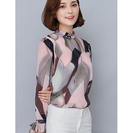 Spring Fall Go out Casual Women's Tops Fashion Wild Pink Printing Stand Collar Long Sleeve Chiffon Blouse