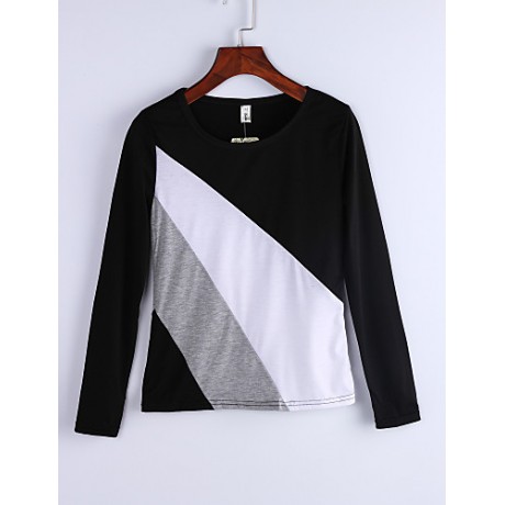 Women's Casual Round Collar Long Sleeve Spliced Color Block T-shirt