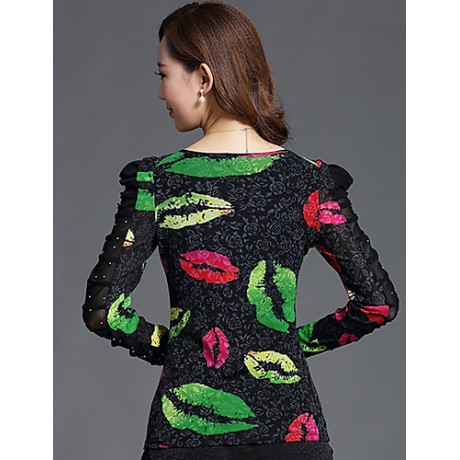 Spring/Fall Casual/Daily/Plus Size Women's Tops Round Neck Long Sleeve Fashion Printing Rhinestone Slim Blouse Shirt