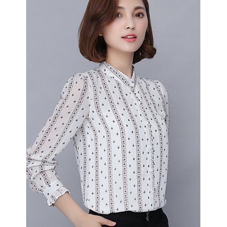 Spring Fall Going out Casual Women's Tops Fashion Striped Print Shirt Collar Long Sleeve Slim Chiffon Blouse