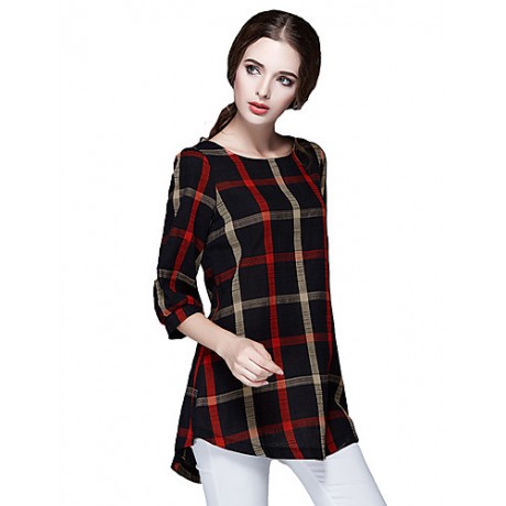 Women Ladies Blouse Plaid Print O Neck 3/4 Sleeve Plus Size Casual Loose Vintage Shirt Tops