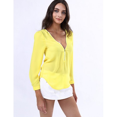 Women‘s V Neck Long Sleeve Zipper Blouse(More Colors)