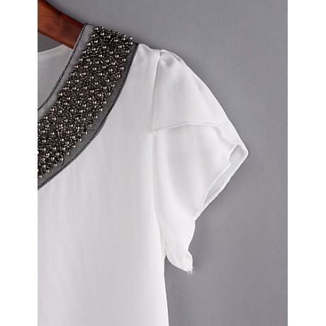 Women's Round Neck Sequins Blouse , Chiffon Short Sleeve