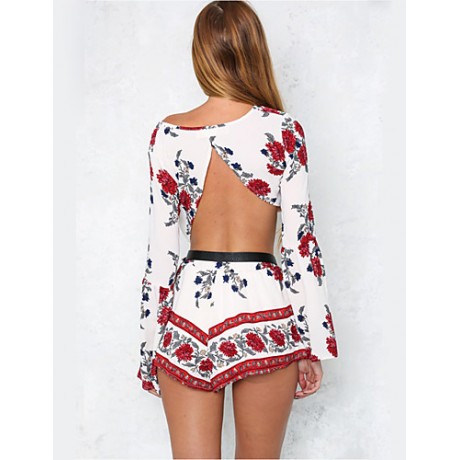 Women's Going out Boho Summer Set,Floral Round Neck Long Sleeve White Cotton Medium