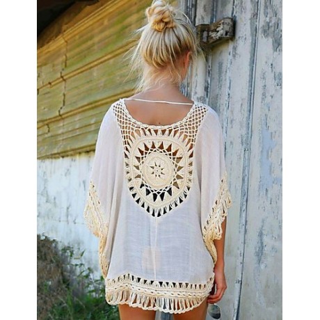 Women's Patchwork Lace Bohemian style Hollow Out Blouse,Round Neck ? Length Sleeve