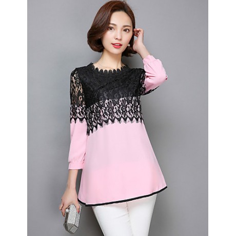 Women's Patchwork Pink / Red / Black Long section Blouse,Casual Lace Cut Out Fashion Round Neck ? Sleeve Polyester/Nylon