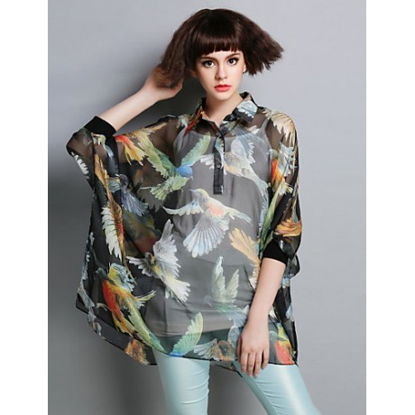 Boutique S Women's Going out Street chicBlouse,Animal Print Shirt Collar ? Length Sleeve Black Polyester Translucent