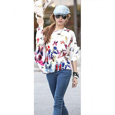 Women's Slack Neck Batwing Sleeve Printed Loose-Fitting Blouse