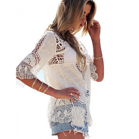 Women's Beach Sexy / Boho Blouse,Solid Round Neck ? Length Sleeve White Rayon Medium