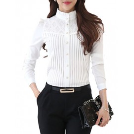 Women's Stand Collar Lace Patchwork Stripe Puff Sleeve Wild Slim Shirt