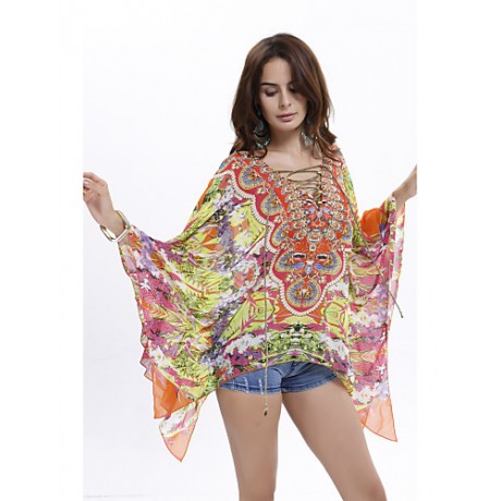 Women's Plus Size Batwing Sleeve Floral Print Chiffon Blouse