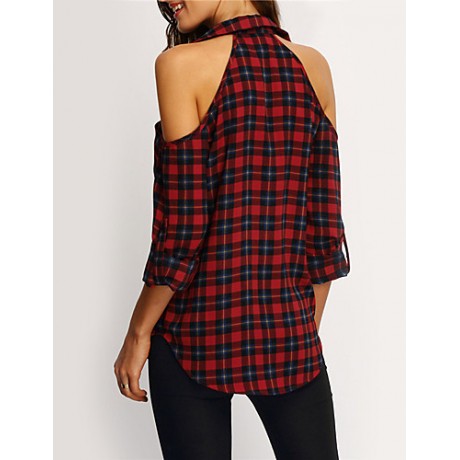 Women's Going out / Casual/Daily Sexy / Street chic Off-The-Shoulder Shirt Plaid Shirt Collar Long Sleeve