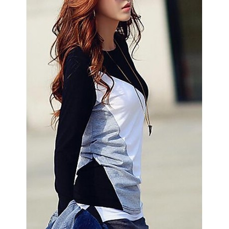 Women's Casual Round Collar Long Sleeve Spliced Color Block T-shirt