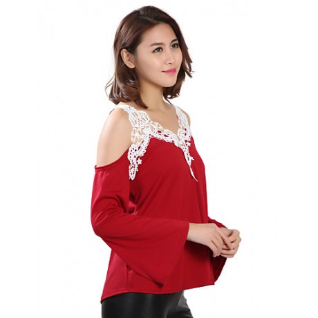 Women's Patchwork Lace Strap Off-The-Shoulder All Match Loose Casual V Neck Long Sleeve Plus Size T-shirt