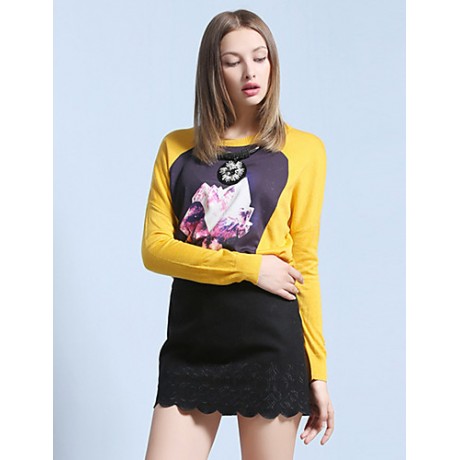 Women's Going out Street chic Spring / Fall T-shirtPrint Round Neck Long Sleeve White / Black / Yellow Wool