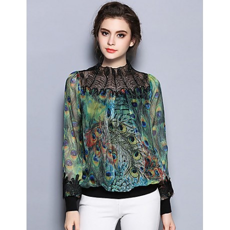 Women's Going out Street chic Fall T-shirtPrint Crew Neck Long Sleeve Green Polyester Thin