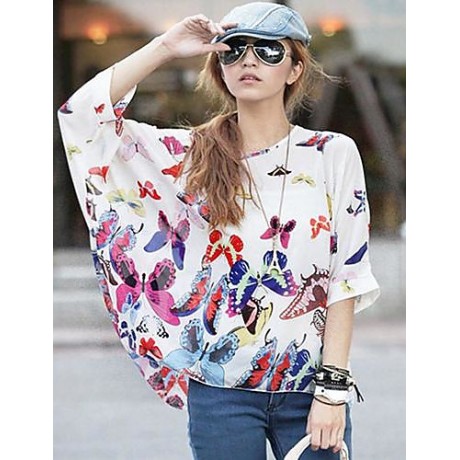 Women's Slack Neck Batwing Sleeve Printed Loose-Fitting Blouse